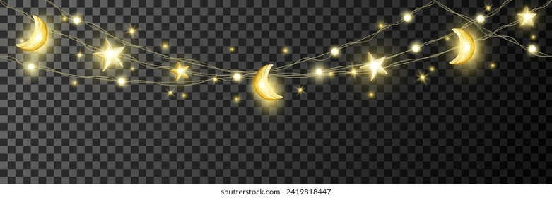 Ramadan and Al Adha islamic decoration on transparent background. Hanging stars and crescents lights string. Muslim holidays garland. Arabiс festive frame. Night sky shiny moon border. Vector.
