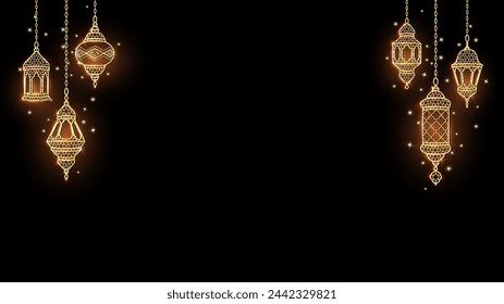 Ramadan or Al-Adha background with golden shiny lanterns decoration. Hanging traditional eastern lamps. Islamic glowing border. Muslim holidays corner frame. Vector.