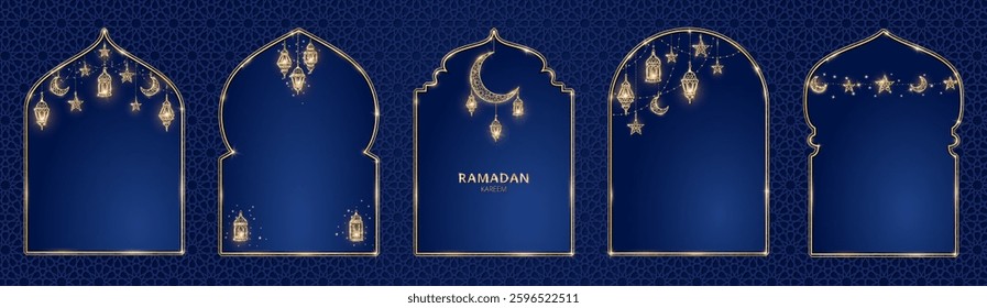 Ramadan or Al-Adha background. Islamic windows, mosque doors, holiday frames. Golden decoration. Lanterns, crescent, stars. Traditional muslim pattern. Vertical format for cards.
