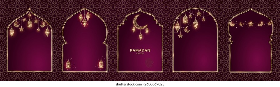 Ramadan or Al-Adha background. Islamic windows, mosque doors, holiday frames. Golden decoration. Lanterns, crescent, stars. Traditional muslim pattern. Vertical format for cards.