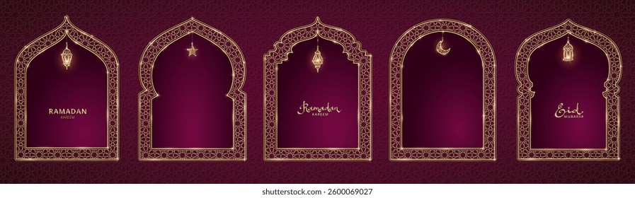 Ramadan or Al-Adha background. Islamic windows, mosque doors, holiday frames. Golden decoration. Lanterns, crescent, stars. Traditional muslim pattern. Vertical format for cards.