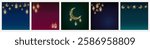 Ramadan or Al-Adha backgrounds. Golden shiny decoration. Hanging lanterns, crescent, stars. Islamic border, muslim holidays frame. Square format for social media. Vector