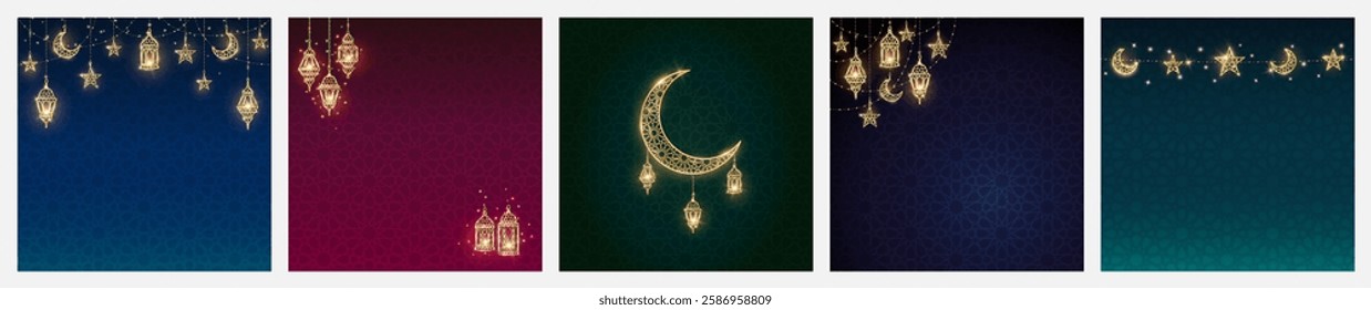 Ramadan or Al-Adha backgrounds. Golden shiny decoration. Hanging lanterns, crescent, stars. Islamic border, muslim holidays frame. Square format for social media. Vector