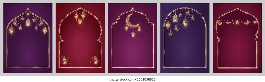 Ramadan or Al-Adha backgrounds. Islamic windows, mosque doors, holiday frames. Golden decoration. Lanterns, crescent, stars. Traditional muslim pattern. Vertical format for cards.
