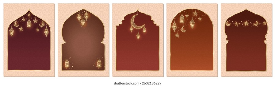 Ramadan or Al-Adha backgrounds. Islamic windows, mosque doors, holiday frames. Golden decoration. Lanterns, crescent, stars. Traditional muslim pattern. Vertical format for cards.