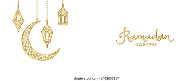 Ramadan or Al-Adha banner with golden line decoration. Icon of hanging lanterns, crescent. Traditional islamic lamps isolated. Muslim holidays corner frame, border. Ramadan calligraphy in arabic style