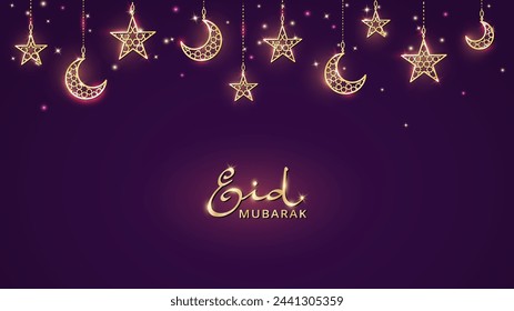 Ramadan or Al-Adha banner with golden shiny decoration. Hanging crescents, stars. Traditional islamic ornaments, shiny border. Muslim holidays corner frame. Eid calligraphy in arabic style. Vector