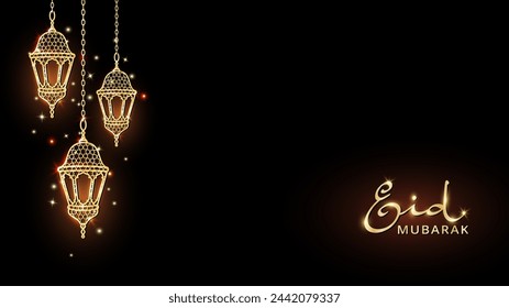 Ramadan or Al-Adha banner with golden shiny lanterns decoration. Hanging traditional eastern lamps. Islamic glowing border. Muslim holidays corner frame. Ramadan calligraphy in arabic style. Vector.