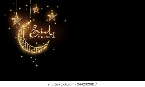 Banner de Ramadán o Al-Adha con decoración dorada y brillante. Media luna y estrellas colgantes. Símbolos islámicos tradicionales, guirnalda brillante. Marco de esquina de las fiestas musulmanas. Caligrafía de Eid en estilo árabe. Vector