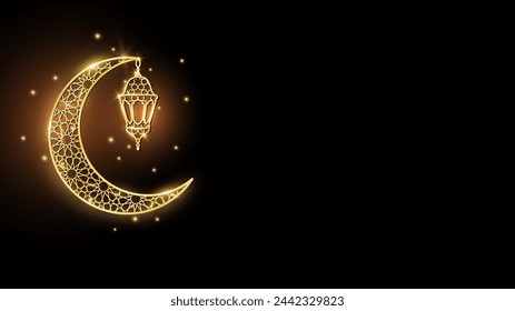 Ramadan or Al-Adha banner with golden shiny decoration of crescent with lantern on dark background. Traditional lamp, islamic symbol. Muslim holidays ornament. Vector