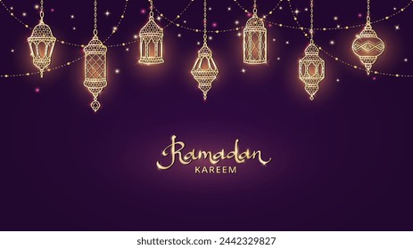 Ramadan or Al-Adha banner with golden shiny lanterns decoration. Hanging traditional eastern lamps. Islamic glowing border. Muslim holidays corner frame. Ramadan calligraphy in arabic style. Vector.