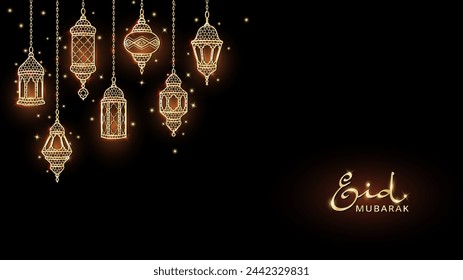 Banner de Ramadán o Al-Adha con decoración de linternas brillantes doradas. Colgando lámparas orientales tradicionales. Frontera islámica brillante. Marco de esquina de las fiestas musulmanas. Caligrafía de Ramadán en estilo árabe. Vector.