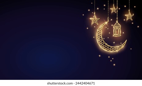 Ramadan or Al-Adha banner with golden shiny decoration. Hanging lantern, crescent, stars. Traditional islamic lamp, shiny border. Muslim holidays corner frame. Vector
