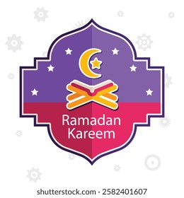 Ramadan or Al-Adha banner with golden shiny decoration. Hanging lanterns, crescent. Traditional Islamic lamps, shiny ornaments. Muslim holidays symbols. 
