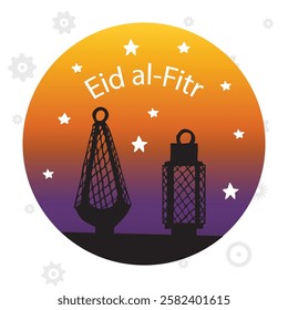 Ramadan or Al-Adha banner with golden shiny decoration. Hanging lanterns, crescent. Traditional Islamic lamps, shiny ornaments. Muslim holidays symbols. 