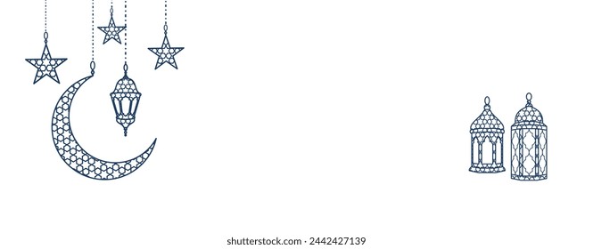 Ramadan or Al-Adha banner. Hanging lanterns, crescent, stars. Traditional islamic decoration isolated. Muslim holidays background, header. Vector