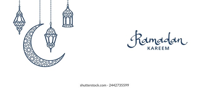 Ramadan or Al-Adha banner with line decoration. Icon of hanging lanterns, crescent. Traditional islamic lamps isolated. Muslim holidays corner frame, border. Ramadan calligraphy in arabic style.Vector