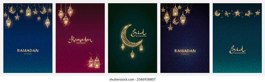 Ramadan or Al-Adha banners. Golden shiny decoration. Lanterns, crescent, stars. Islamic border, muslim holidays frame. Ramadan calligraphy in arabic style. Vertical format for social media, cards.