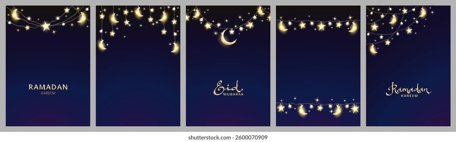 Ramadan or Al-Adha cards with islamic decoration. Hanging stars and crescents lights string frame. Muslim holidays garland. Night sky shiny moon border. Eid calligraphy in arabic style. Vector.