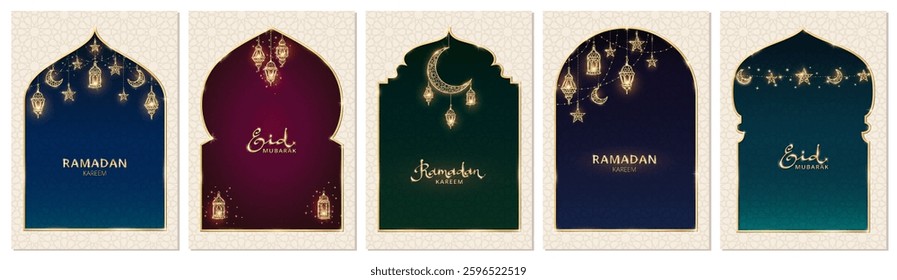 Ramadan or Al-Adha cards. Islamic windows, mosque doors, holiday frames. Golden decoration. Lanterns, crescent, stars. Traditional muslim pattern. Ramadan calligraphy in arabic style. Vertical format.