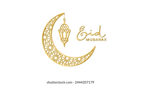 Ramadan or Al-Adha golden decoration. Hanging lantern, crescent icon. Traditional islamic symbol with geometric pattern. Muslim holidays background. Eid calligraphy in arabic style.Vector