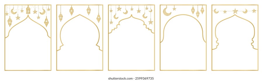 Ramadan or Al-Adha golden decoration. Islamic windows, mosque doors, holiday frames. Lanterns, crescent, stars. Vertical format for cards. Transparent background in vector file.