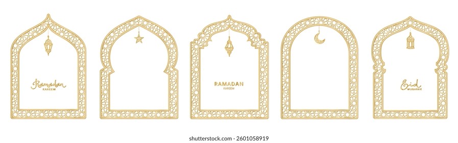 Ramadan or Al-Adha golden decoration. Islamic windows, mosque doors, holiday frames. Lanterns, crescent, stars. Traditional muslim pattern. Transparent background in vector file.