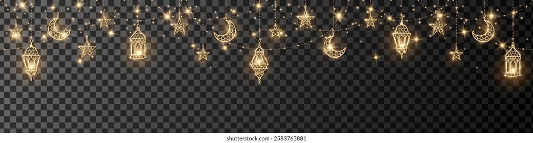 Ramadan or Al-Adha golden seamless decoration. Hanging lanterns, crescent, stars. Traditional islamic lamps, shiny border. Muslim holidays frame. Transparent background can be removed in vector file.