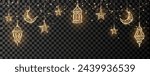 Ramadan or Al-Adha golden shiny decoration. Hanging lanterns, crescent, stars. Traditional islamic lamps, shiny border. Muslim holidays frame. Transparent background can be removed in vector format. 