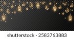 Ramadan or Al-Adha golden shiny decoration. Hanging lanterns, crescent, stars. Traditional islamic lamps, shiny border. Muslim holidays frame. Transparent background can be removed in vector format. 