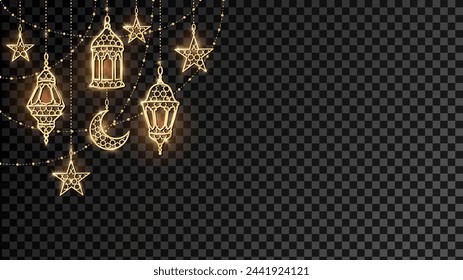 Ramadan or Al-Adha golden shiny decoration. Hanging lanterns, crescent, stars. Traditional islamic lamps, border. Muslim holidays corner frame. Transparent background can be removed in vector format. 