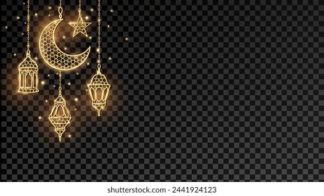 Ramadan or Al-Adha golden shiny decoration. Hanging lanterns, crescent, stars. Traditional islamic lamps, border. Muslim holidays corner frame. Transparent background can be removed in vector format