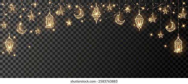 Ramadan or Al-Adha golden shiny decoration. Hanging lanterns, crescent, stars. Traditional islamic lamps, shiny border. Muslim holidays frame. Transparent background can be removed in vector format. 