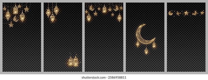 Ramadan or Al-Adha golden shiny decoration. Lanterns, crescent, stars. Traditional islamic border, holiday frame. Vertical format for social media. Transparent background can be removed in vector file