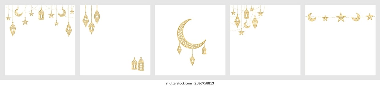 Ramadan or Al-Adha golden shiny decoration. Lanterns, crescent, stars. Traditional islamic border, holiday frame isolated. Square format for social media. Transparent background in vector file.