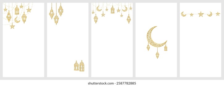 Ramadan or Al-Adha golden shiny decoration. Lanterns, crescent, stars. Traditional islamic border, holiday frame isolated. Vertical format for social media. Transparent background in vector file.