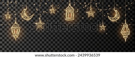 Ramadan or Al-Adha golden shiny decoration. Hanging lanterns, crescent, stars. Traditional islamic lamps, shiny border. Muslim holidays frame. Transparent background can be removed in vector format. 