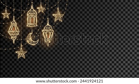 Ramadan or Al-Adha golden shiny decoration. Hanging lanterns, crescent, stars. Traditional islamic lamps, border. Muslim holidays corner frame. Transparent background can be removed in vector format. 