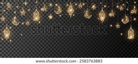 Ramadan or Al-Adha golden shiny decoration. Hanging lanterns, crescent, stars. Traditional islamic lamps, shiny border. Muslim holidays frame. Transparent background can be removed in vector format. 