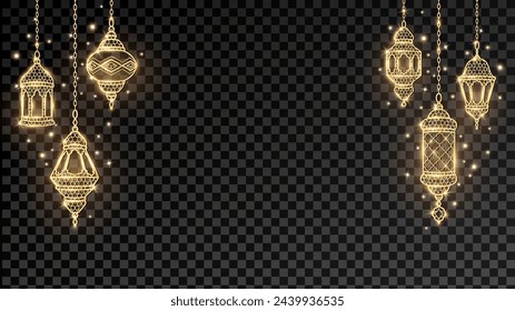 Ramadan or Al-Adha golden shiny lanterns decoration. Hanging traditional eastern lamps. Islamic glowing border. Muslim holidays corner frame. Transparent background can be removed in vector format. 