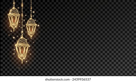 Ramadan or Al-Adha golden shiny lanterns decoration. Hanging traditional eastern lamps. Islamic glowing border. Muslim holidays corner frame. Transparent background can be removed in vector format. 