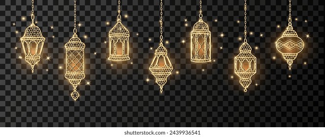 Ramadan or Al-Adha golden shiny lanterns decoration. Hanging traditional eastern lamps. Islamic glowing border. Muslim holidays corner frame. Transparent background can be removed in vector format. 