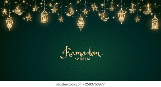 Ramadan or Al-Adha green background with golden shiny decoration. Hanging lanterns, crescent, stars. Traditional islamic lamps, shiny border. Muslim holidays frame. Ramadan calligraphy in arabic style