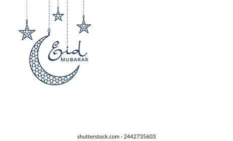 Ramadan- oder Al-Adha-Ikone. Hängende Halbmond und Sterne. Traditionelle islamische Symbole, Linie Kunst Girlande isoliert. Eckrahmen für muslimische Feiertage. Eid-Kalligraphie im arabischen Stil. Vektor