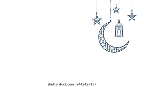 Ramadan or Al-Adha icon. Hanging lantern, crescent, stars. Traditional islamic decoration, line art border isolated. Muslim holidays corner frame. Vector
