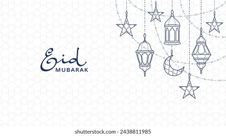 Ramadan or Al-adha line decoration, celebration background. Hanging lanterns, crescent, stars. Muslim holidays ornaments, lamps. Islamic geometric pattern. Eid arabic style calligraphy. Vector