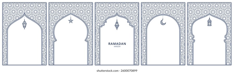 Ramadan or Al-Adha line decoration. Islamic windows, mosque doors, holiday frames. Lanterns, crescent, stars. Traditional muslim pattern. Transparent background in vector file.