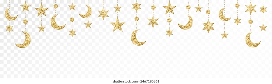 Ramadan or Al-Adha seamless decoration. Garland with hanging crescents and stars. Golden glitter ornaments. Muslim holidays border, frame. Transparent background can be removed in vector file. 