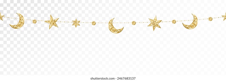 Ramadan or Al-Adha seamless decoration. Garland with hanging crescents and stars. Golden glitter ornaments. Muslim holidays border, frame. Transparent background can be removed in vector file. 