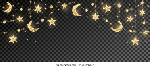 Ramadan or Al-Adha seamless decoration. Garland with hanging crescents and stars. Golden glitter ornaments. Muslim holidays border, frame. Transparent background can be removed in vector file. 